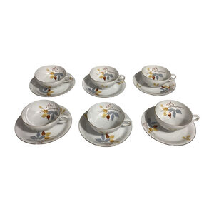 Eschenbach Bavaria White Gold Blue Leaf 12-Pc Tea Set Autumn Fall Leaves saucers